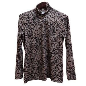 J McLaughlin Mock Neck Brown Tan Zebra Print Stretch Top Medium